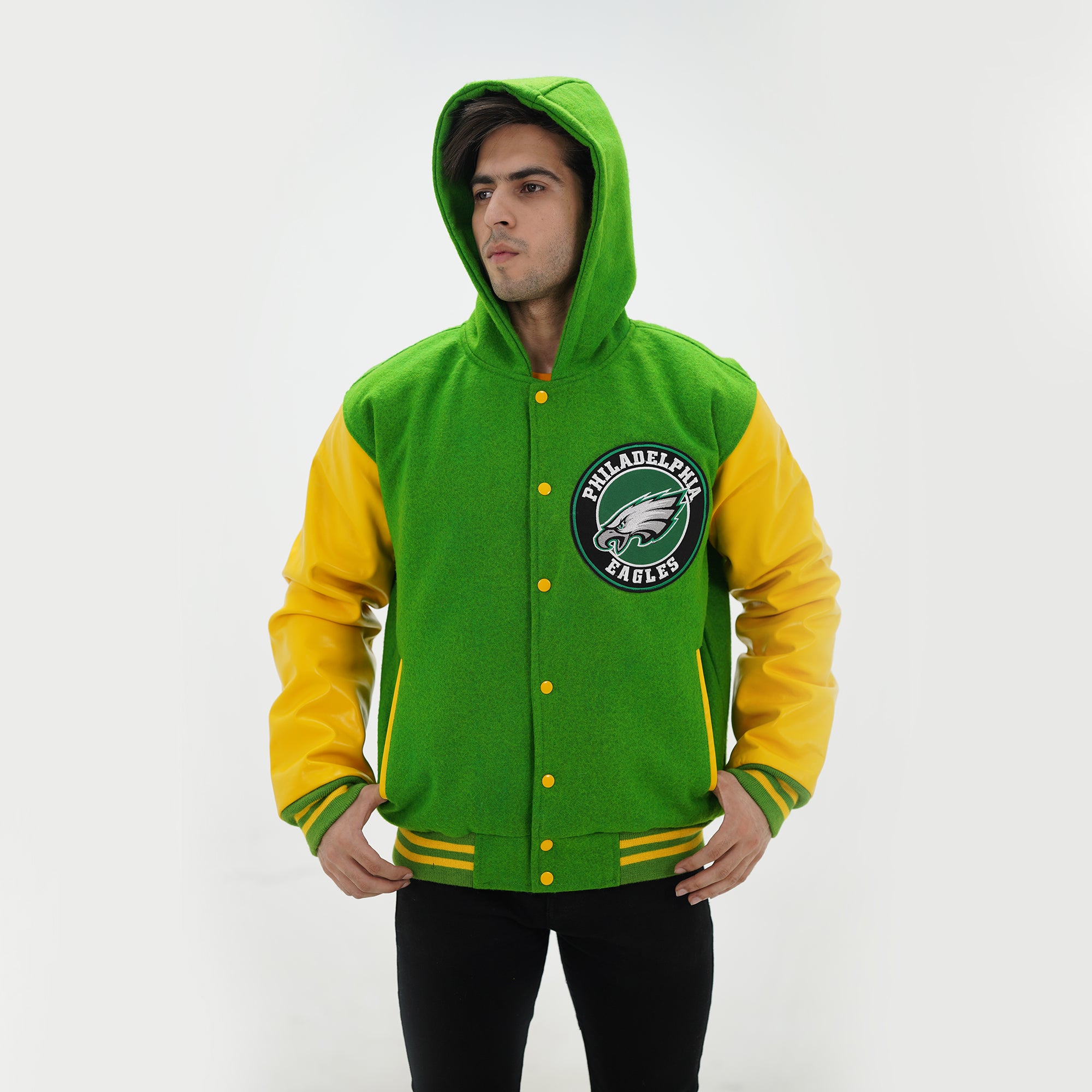 Three quarter view of men Philadelphia Eagles hooded jacket highlighting cozy hood and premium wool leather construction for NFL fans