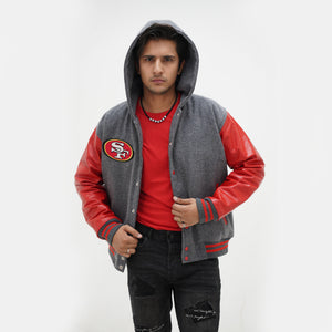 Three quarter angle of men San Francisco 49ers hooded jacket highlighting quilted interior lining and premium red leather materials