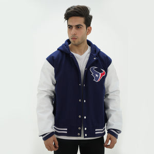 Front view of men Texans hooded varsity jacket with snap button closure and navy team colors for Houston football fans