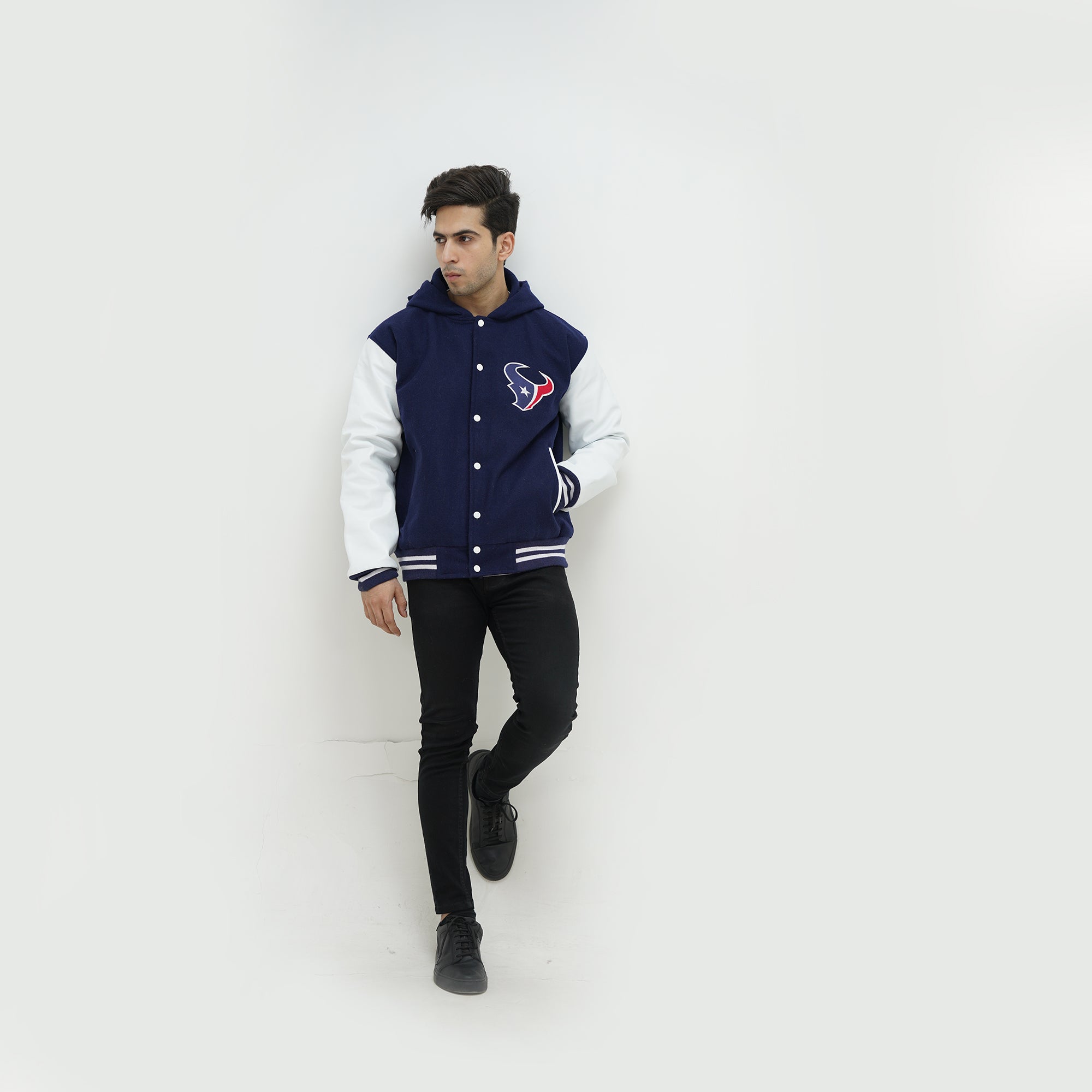 Front view of men Texans hooded varsity jacket with snap button closure and navy team colors for Houston football fans