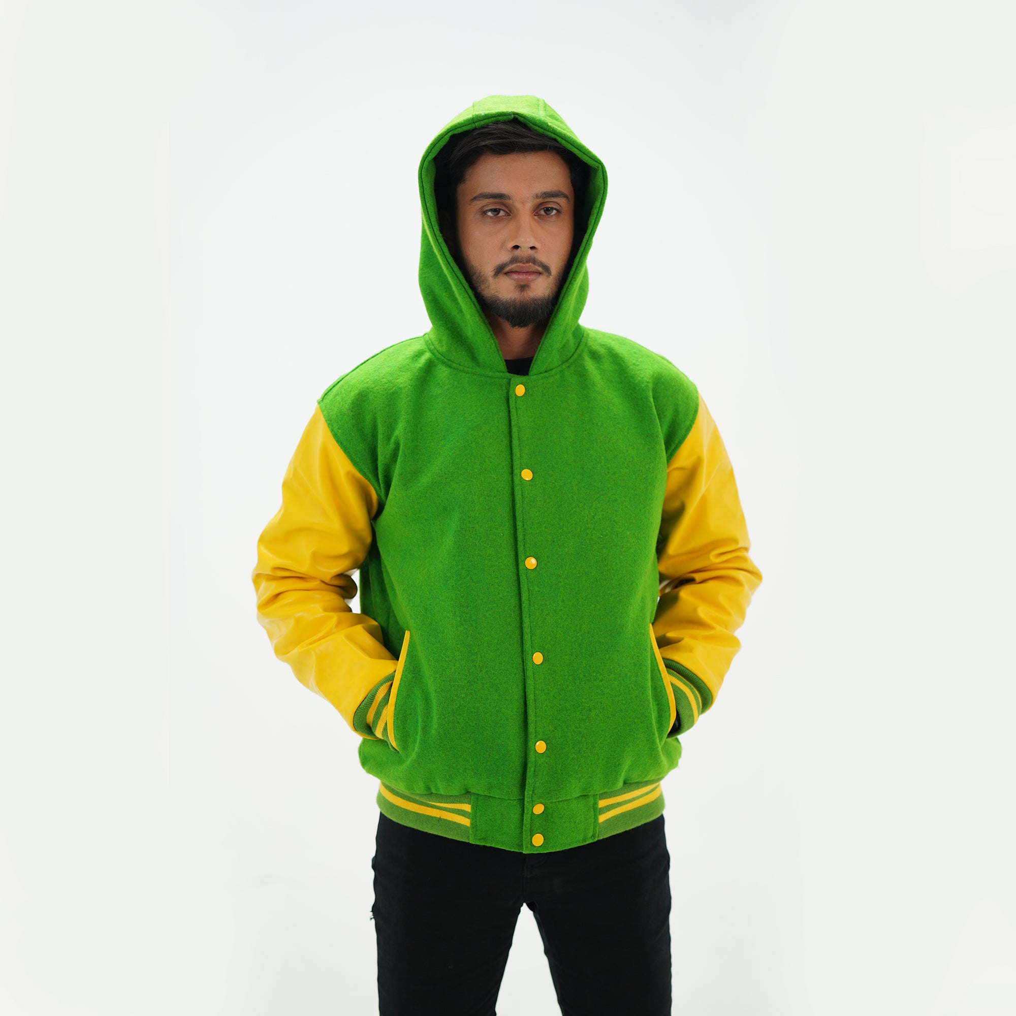 Close-up detail of men's kelly green hoodie letterman jacket with custom embroidery options and quilted diamond lining