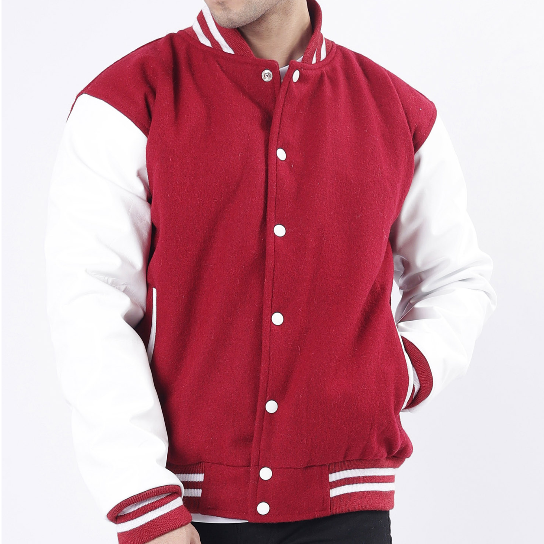 Men's Magenta And White Letterman Jacket Leather Arms And Wool Body Varsity Jacket