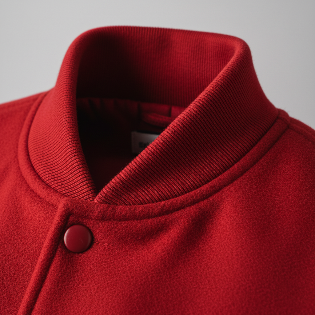 Close-up of a red garment with a button on a gray background