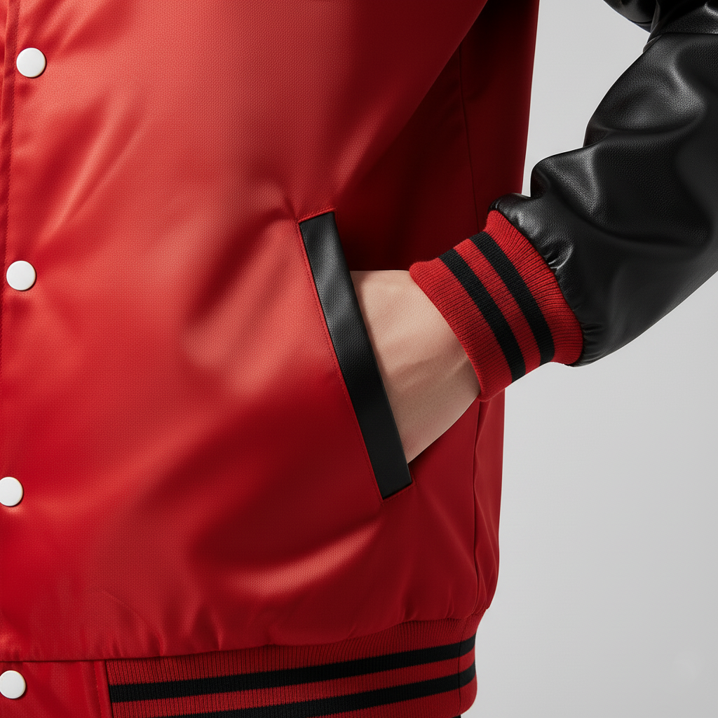 Men's satin varsity jacket with ribbed cuffs and waistband - durable construction that keeps its shape