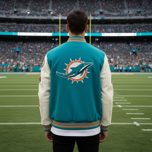 Person wearing a teal and white letterman jacket with a logo on a football field
