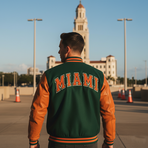 Person wearing a green and orange 'MIAMI' jacket standing in an open area with traffic cones and a clock tower in the background.