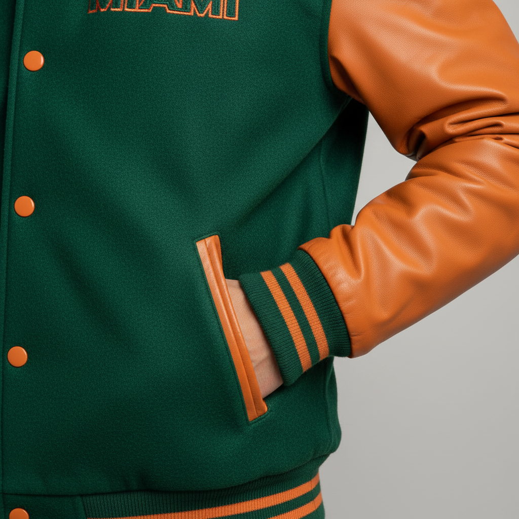 Green varsity jacket with orange accents on a gray background 