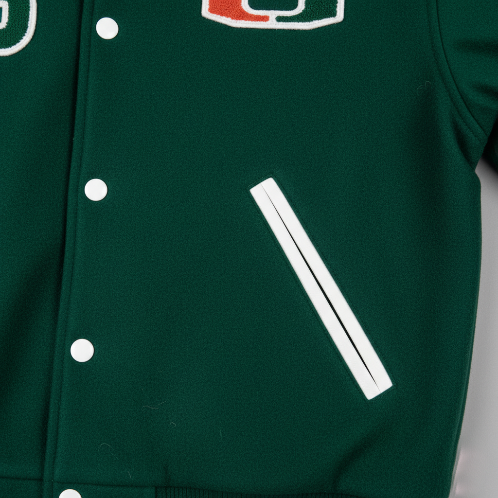 Green varsity jacket with white buttons and a logo on a gray background