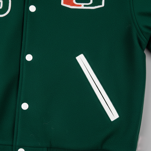 Green varsity jacket with white buttons and a logo on a gray background