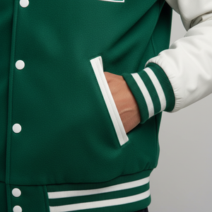 Green varsity jacket with white accents on a plain background