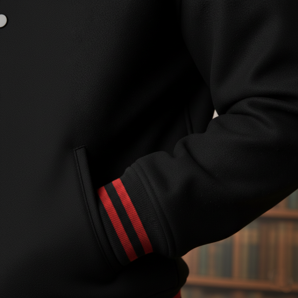 Michael Jordan letterman jacket black red stripes close-up varsity details
