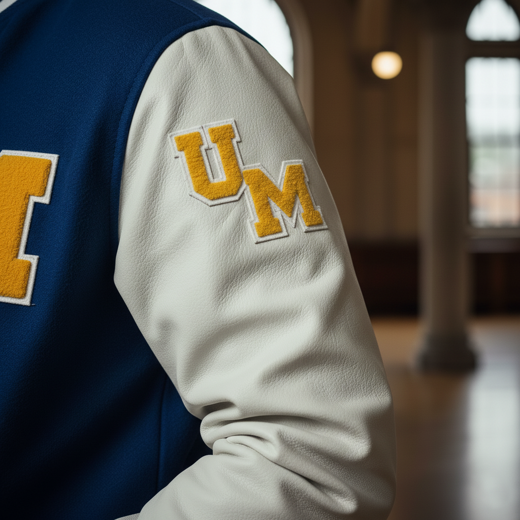 Close-up of a varsity jacket with 'UM' lettering in a blurred indoor setting