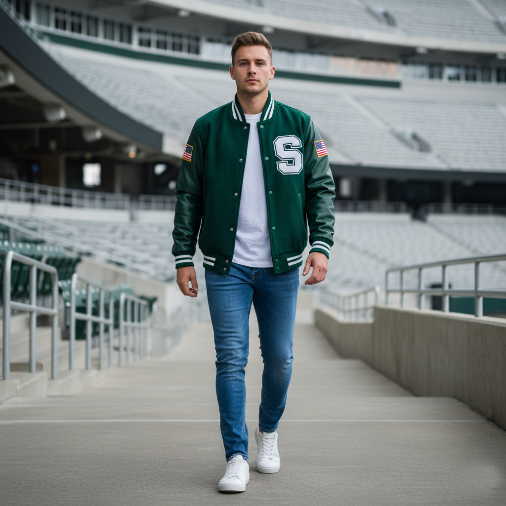 Man wearing a green varsity jacket with letterman design in an empty stadium.