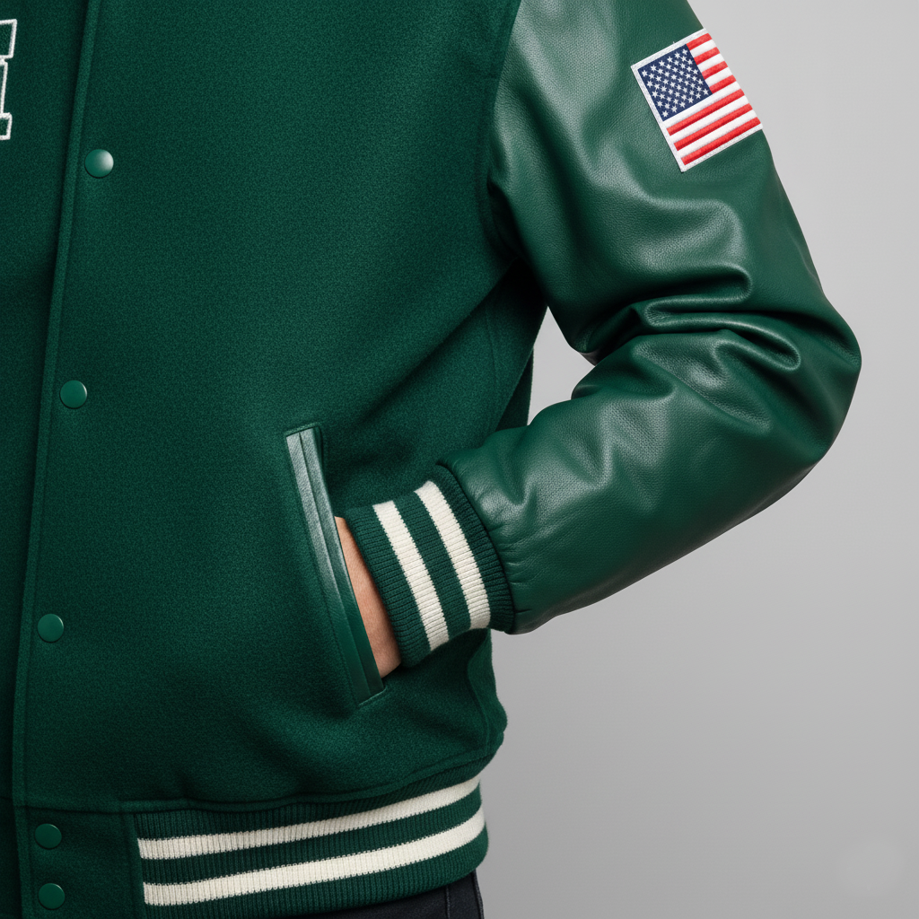 Green varsity jacket with American flag patch on sleeve against a gray background