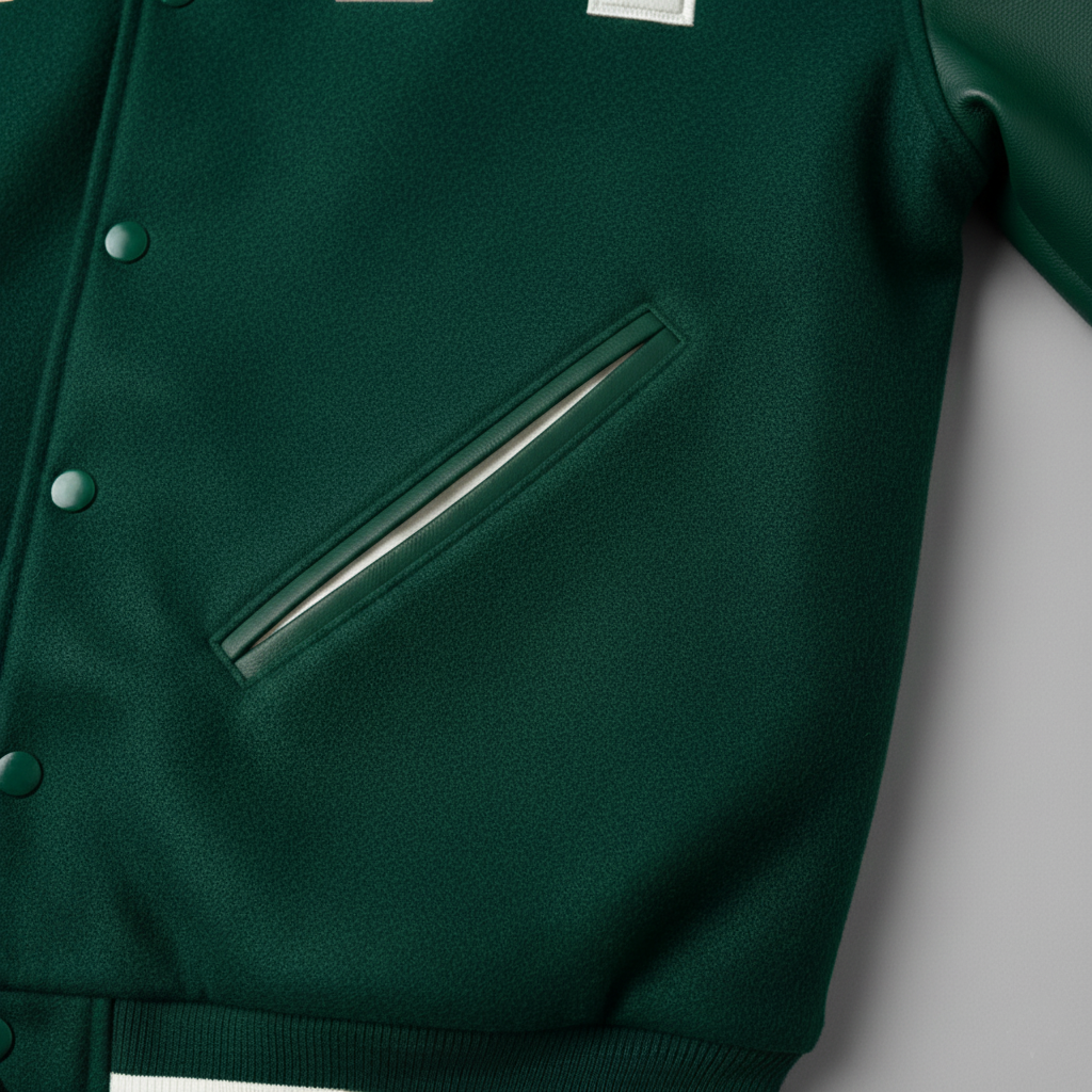 Close-up of a green varsity jacket with a pocket on a light gray background