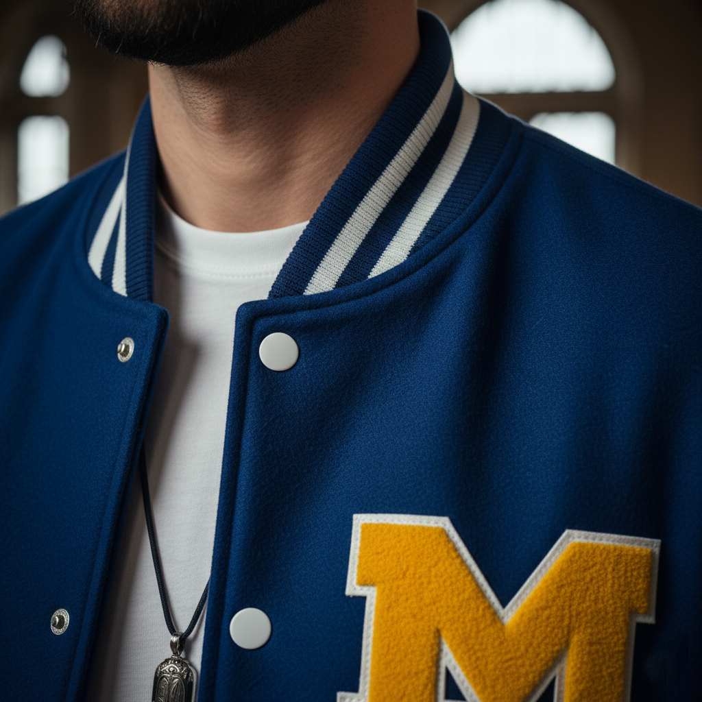 Blue letterman jacket with a yellow 'M' patch worn by a person.