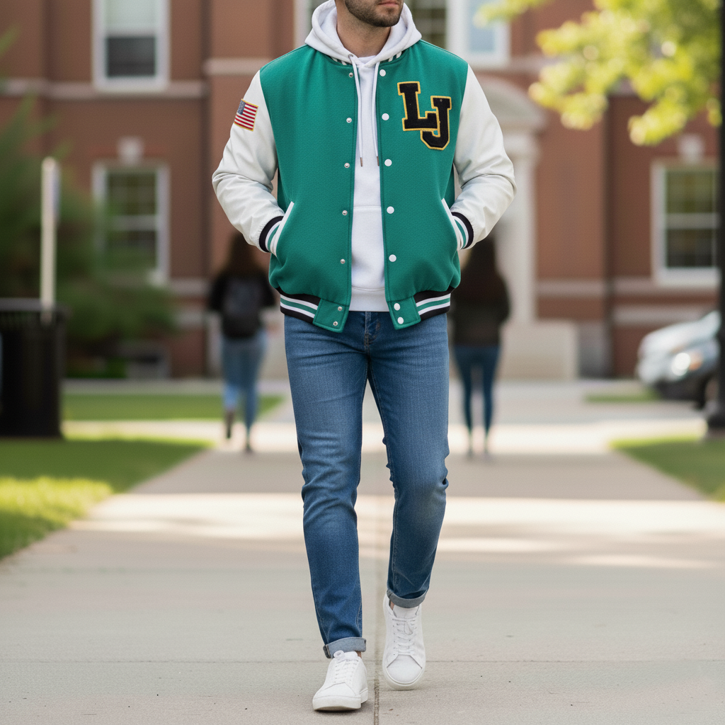 Person wearing a green and white letterman jacket with 'LJ' on a sidewalk.