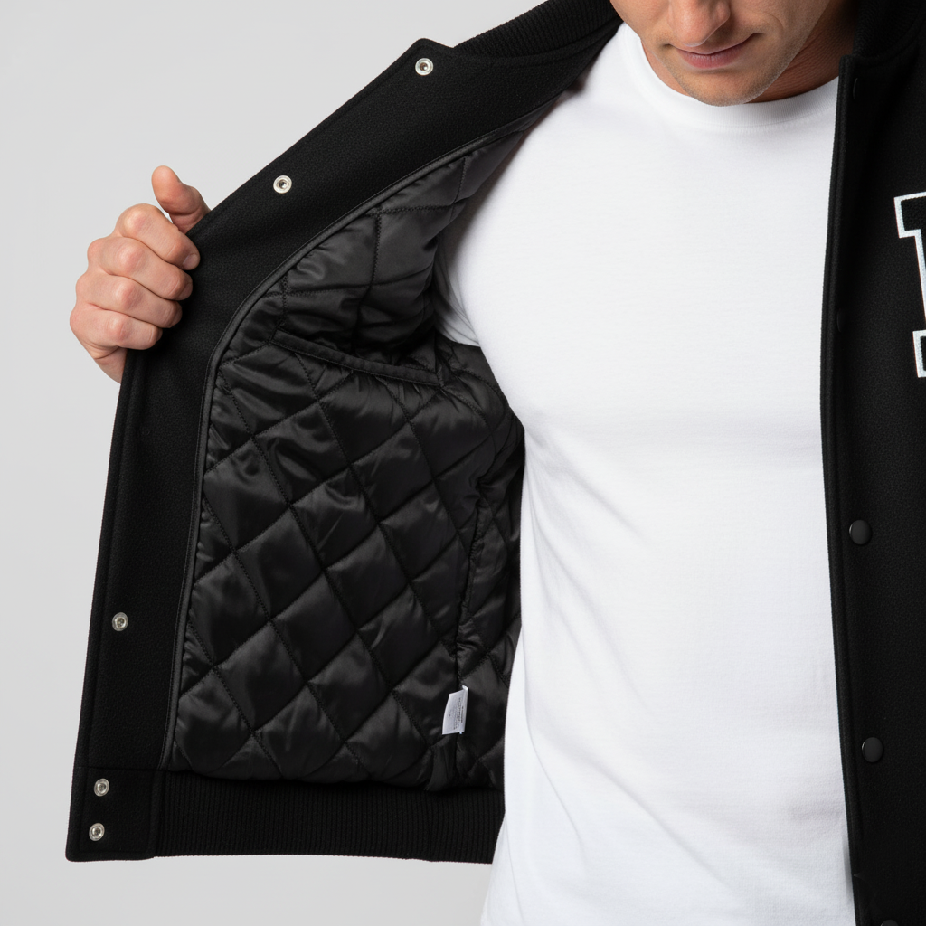 Person wearing a black quilted jacket with a white shirt underneath on a light gray background
