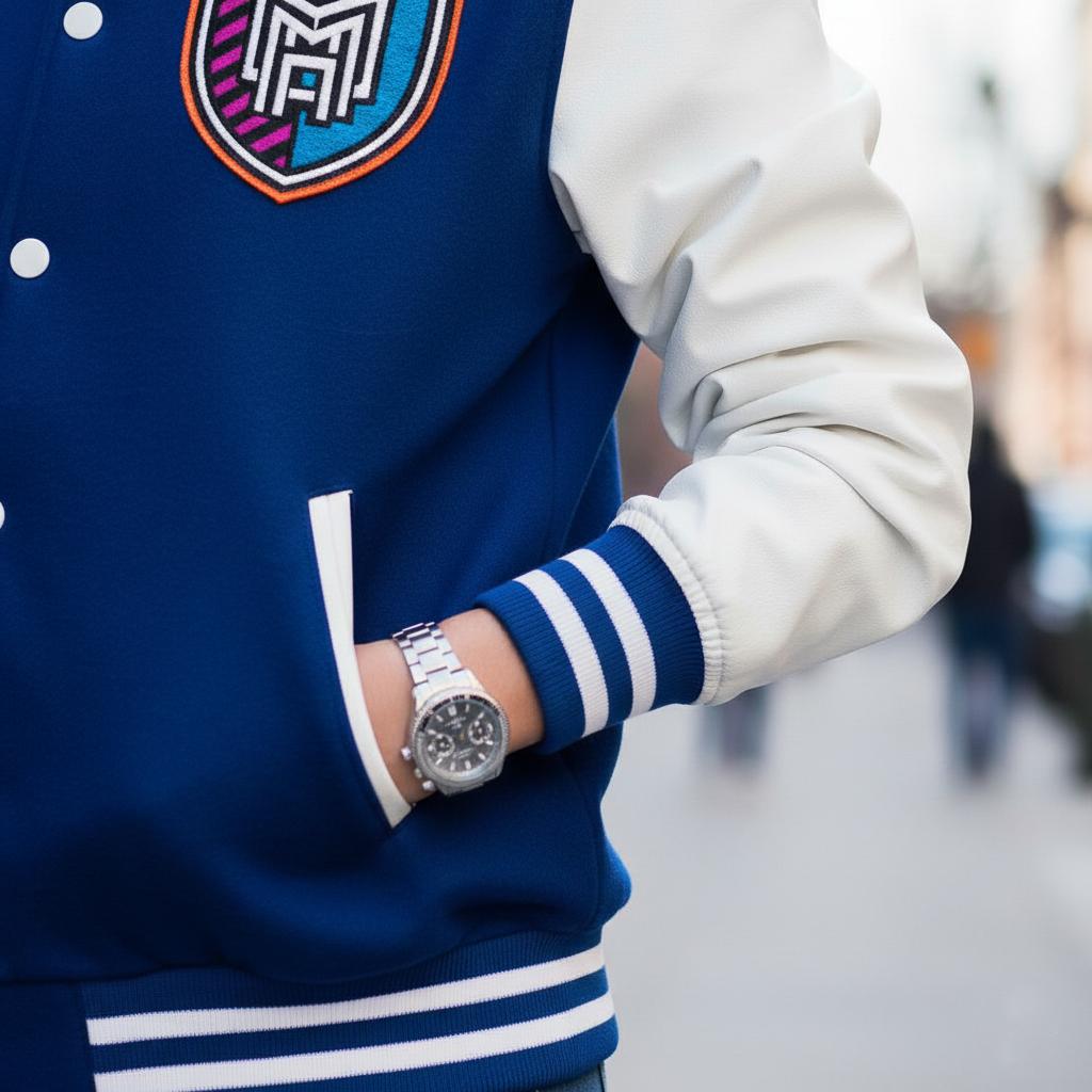Person wearing a blue and white varsity jacket with a watch on a blurred background