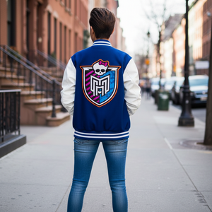 Back view of Monster High varsity jacket displaying blue Melton wool body, white genuine wool sleeves, and ribbed waistband for fans
