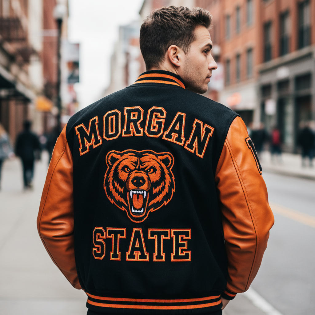 Person wearing a 'Morgan State' letterman jacket with a bear logo on a city street. 