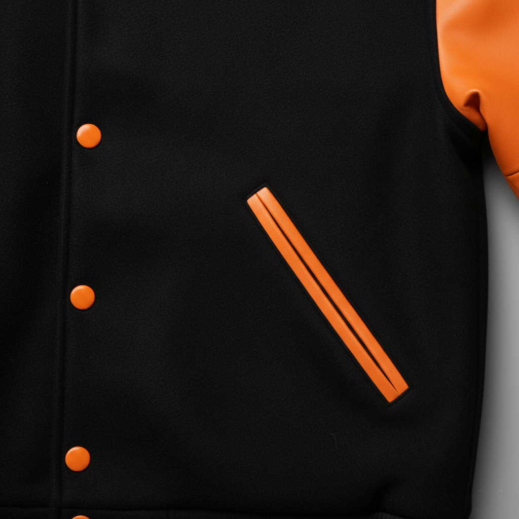 Black jacket with orange buttons and trim on a gray background