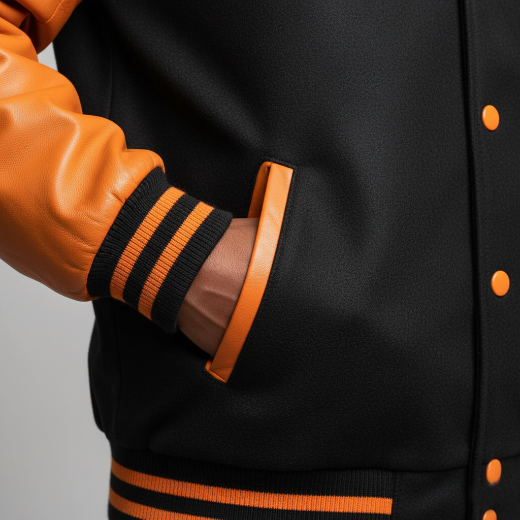 Close-up of a black and orange varsity jacket with leather sleeves. 