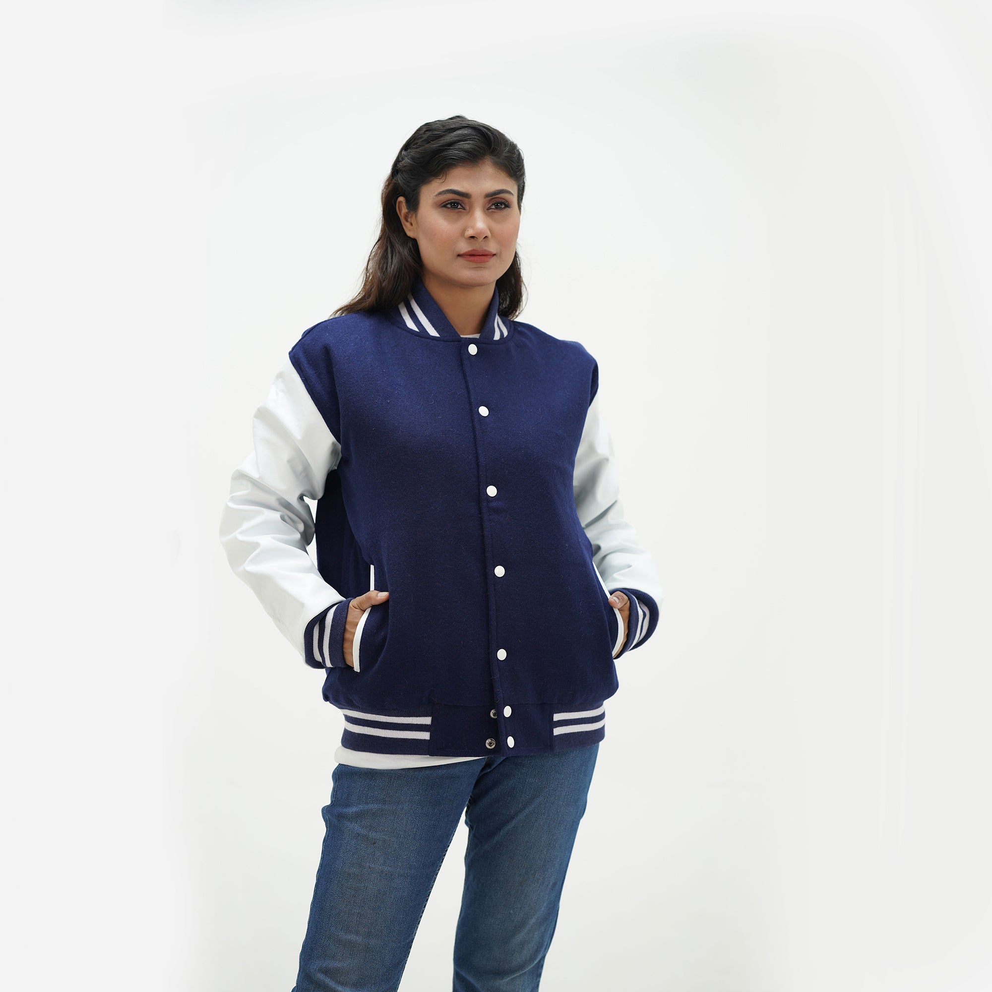 Navy athletic jacket women close-up - showing ribbed collar construction with navy striped trim and snap button hardware