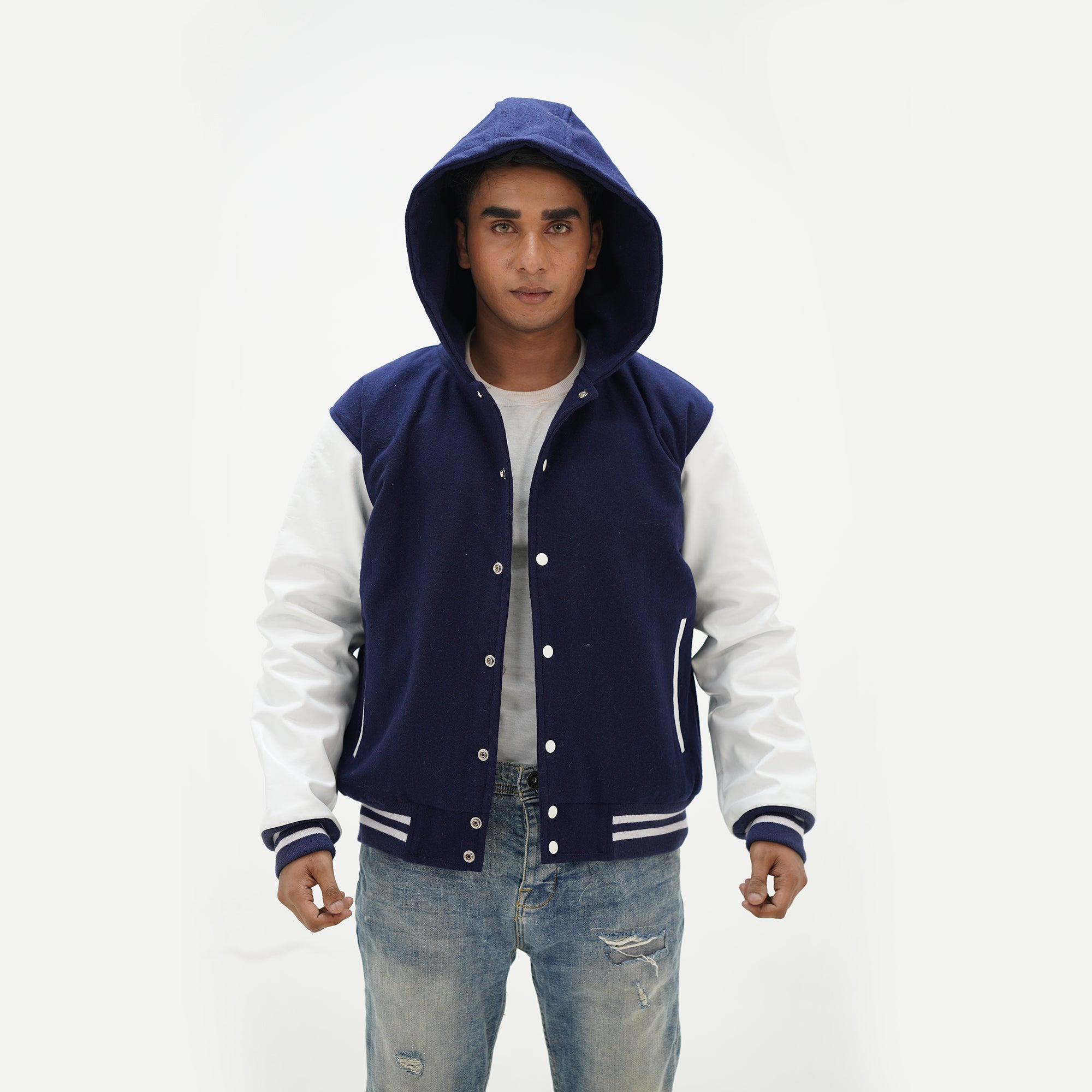 Front view of men's navy blue hooded varsity jacket featuring wool body and leather arms with customization options
