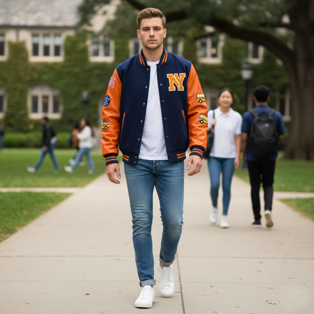 Man wearing a varsity jacket walking on a college campus with other students in the background.
