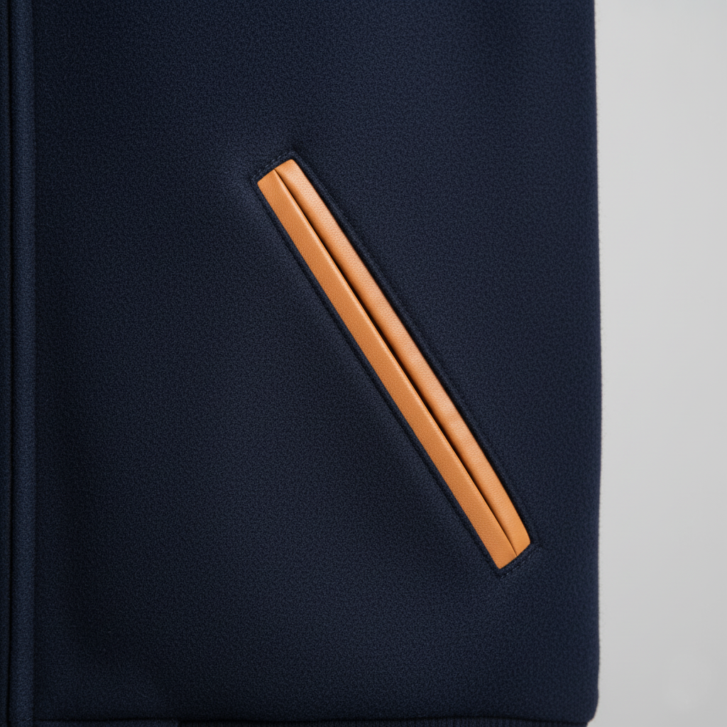 Navy blue jacket with a tan leather pocket on a gray background