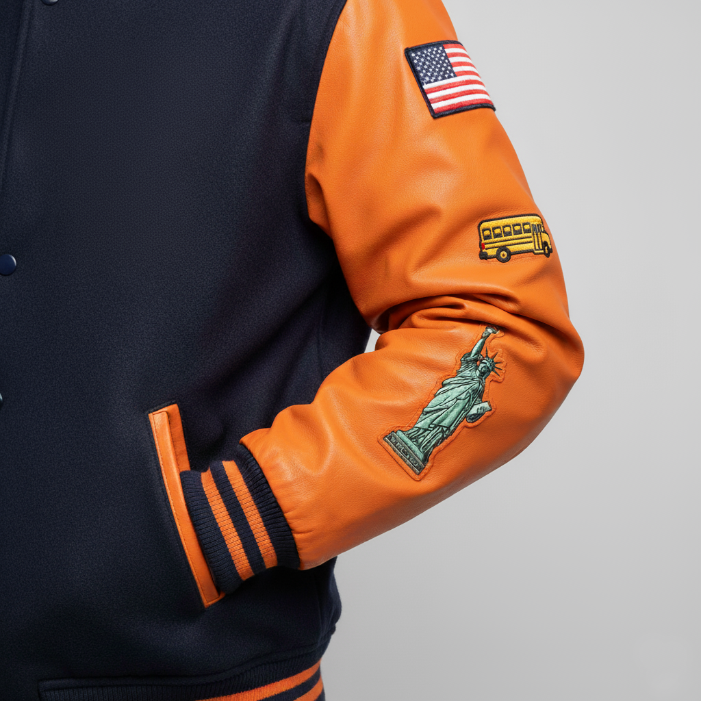 Close-up of a jacket with an American flag patch on the sleeve and a school bus emblem.