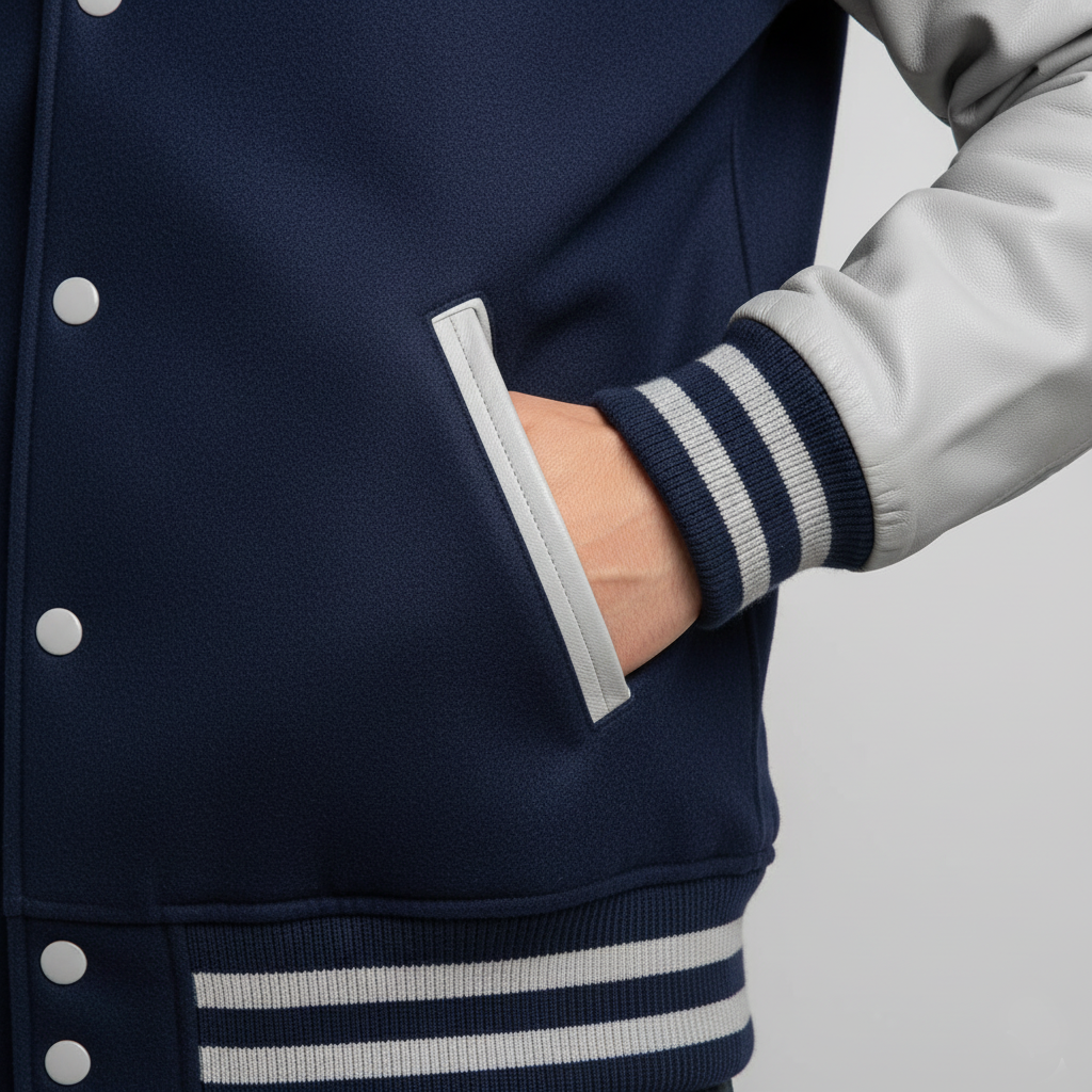 Navy varsity jacket with white accents on a plain background