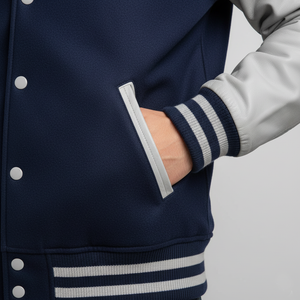 Navy varsity jacket with white accents on a plain background