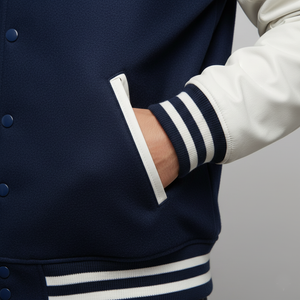 Navy varsity jacket with white trim on a plain background