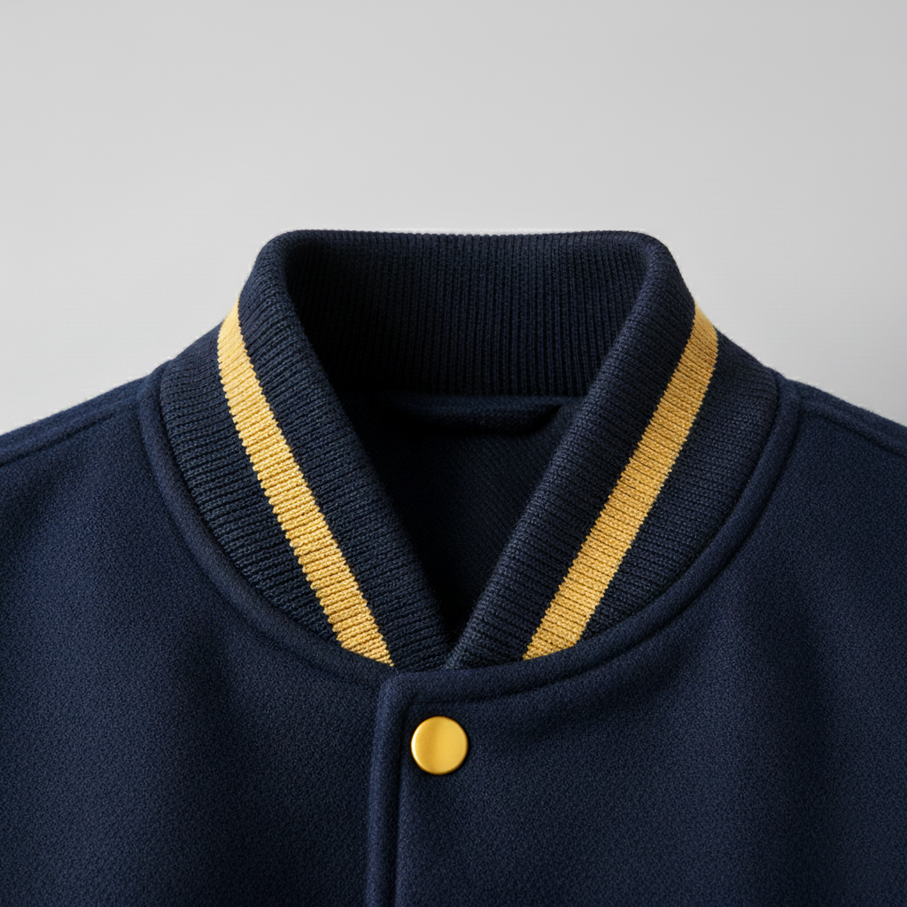 Navy blue jacket with gold trim and button on a gray background