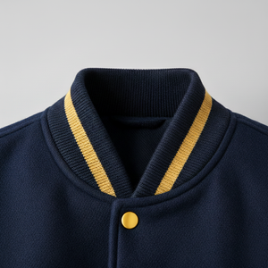Navy blue jacket with gold trim and button on a gray background