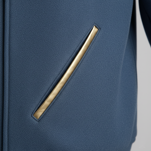 Close-up of a blue jacket with a gold zipper detail on a light gray background