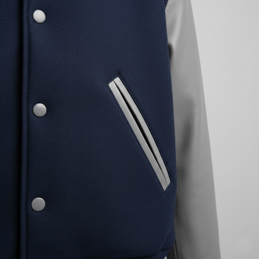Navy blue and gray jacket with button details on a light gray background