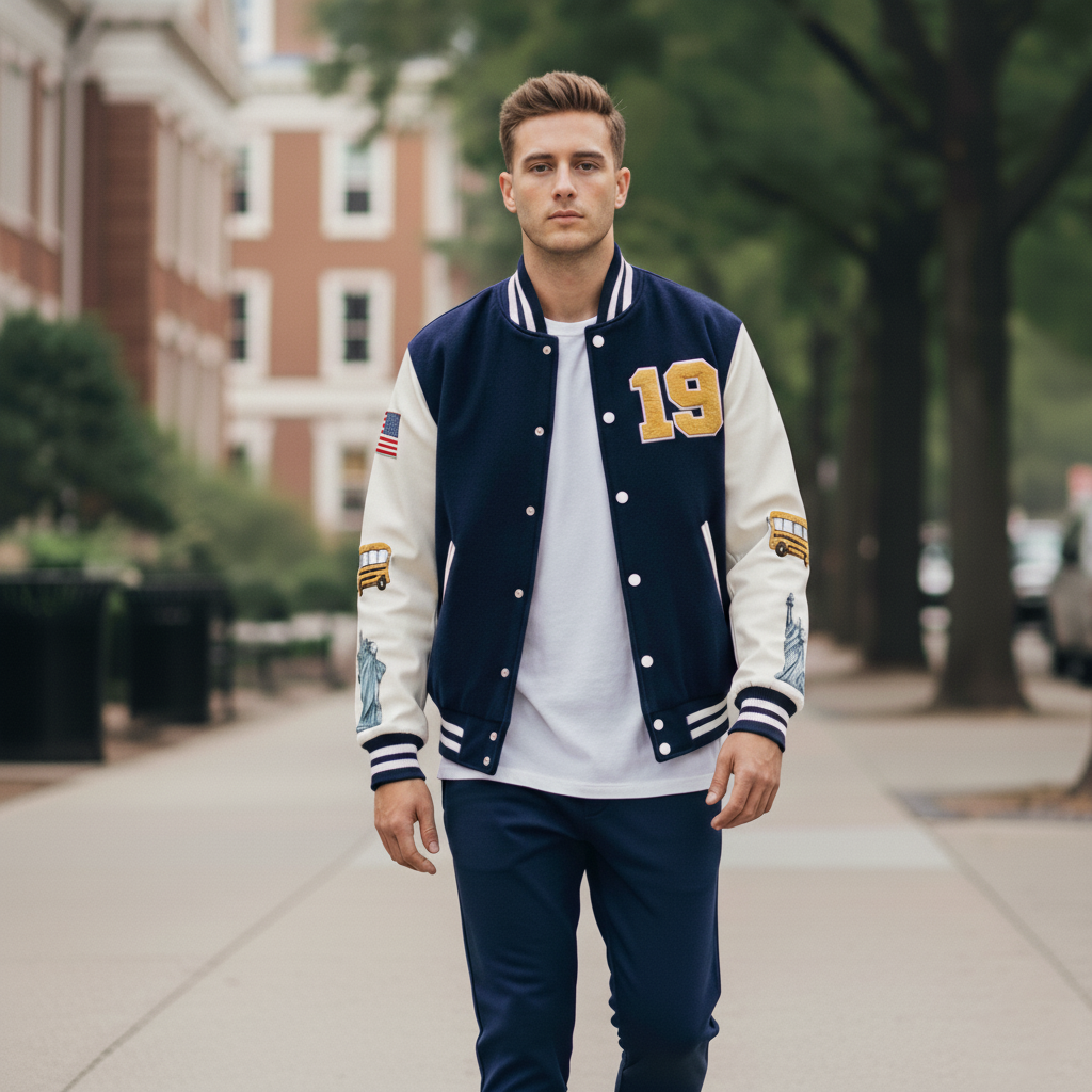 Man wearing a navy blue varsity jacket with number 19 on a city street.