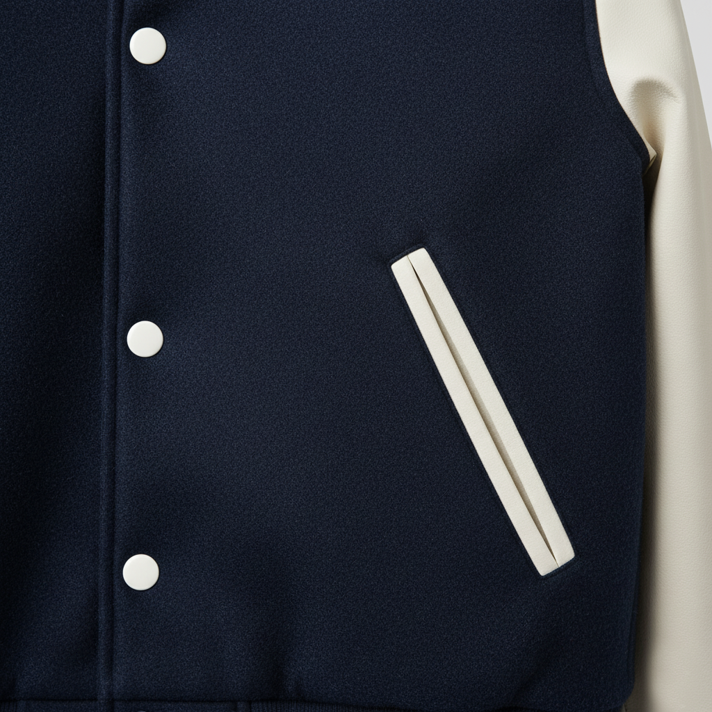 Close-up of a navy blue varsity jacket with white buttons and trim.