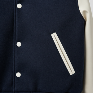 Close-up of a navy blue varsity jacket with white buttons and trim.