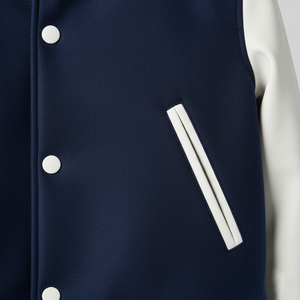 Navy blue jacket with white buttons and trim on a light gray background