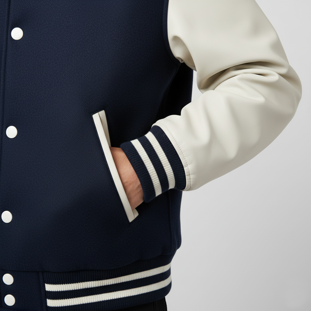 Navy varsity jacket with white accents on a plain background