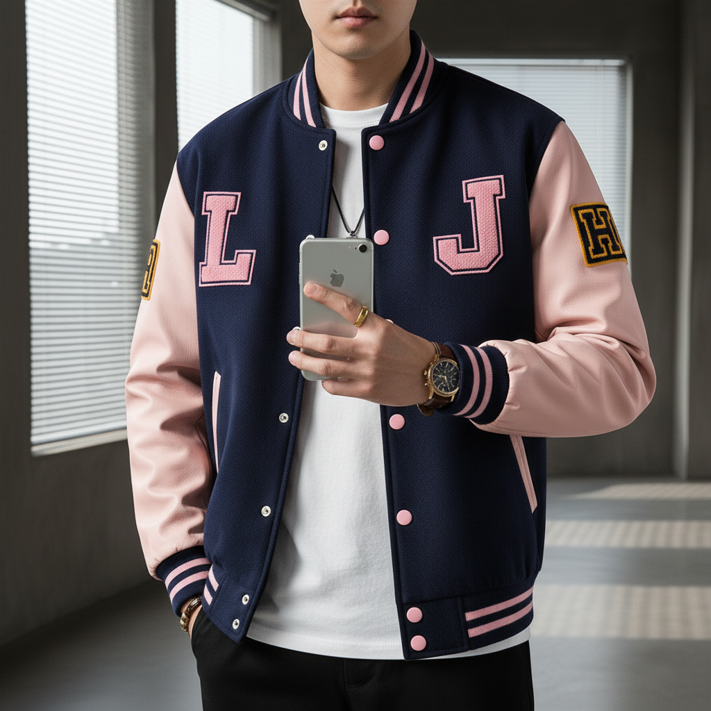 Person wearing a navy and pink varsity jacket with lettering, holding a phone.