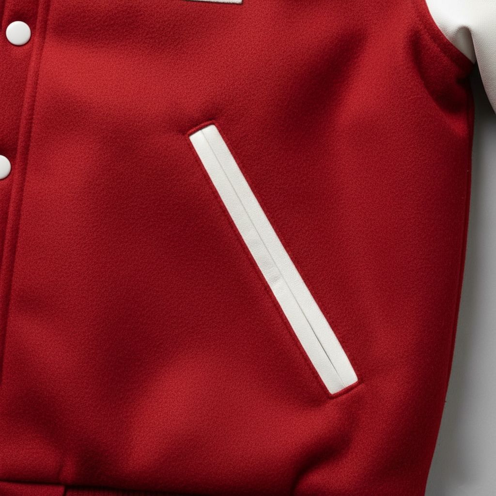 Red jacket with white zipper and buttons on a gray background 