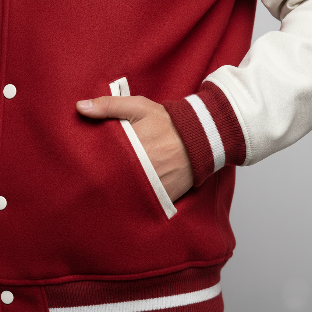 Red varsity jacket with white trim on a plain background 