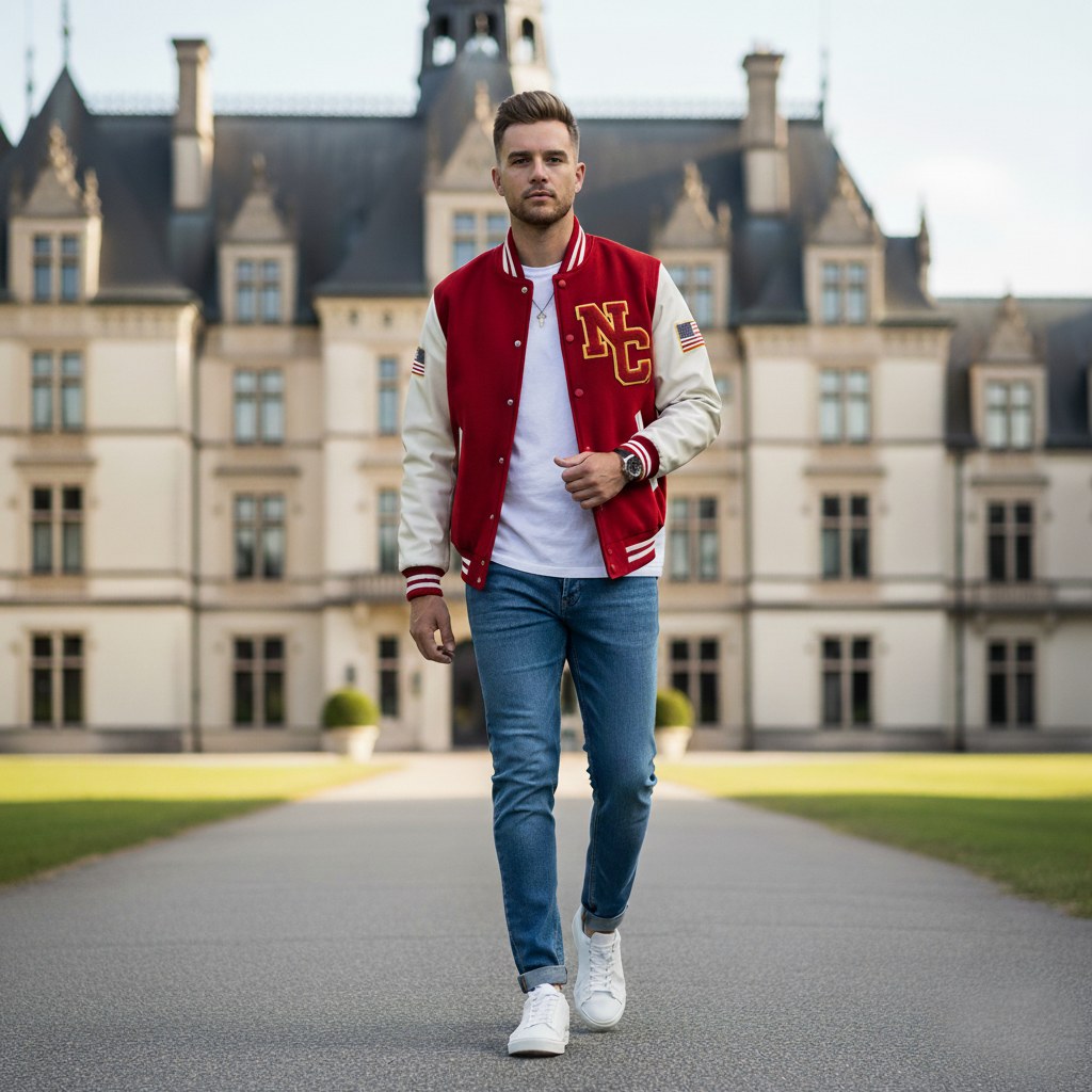 Man wearing a red and white varsity jacket with 'NC' on it, standing in front of a large building.