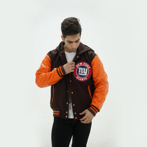 Three quarter view of New York Giants hooded jacket highlighting premium wool body and genuine leather sleeve materials for fans