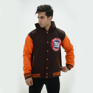 Side profile of New York Giants hoodie jacket showcasing gold leather arms and blue wool body with attached hood for NFL supporters